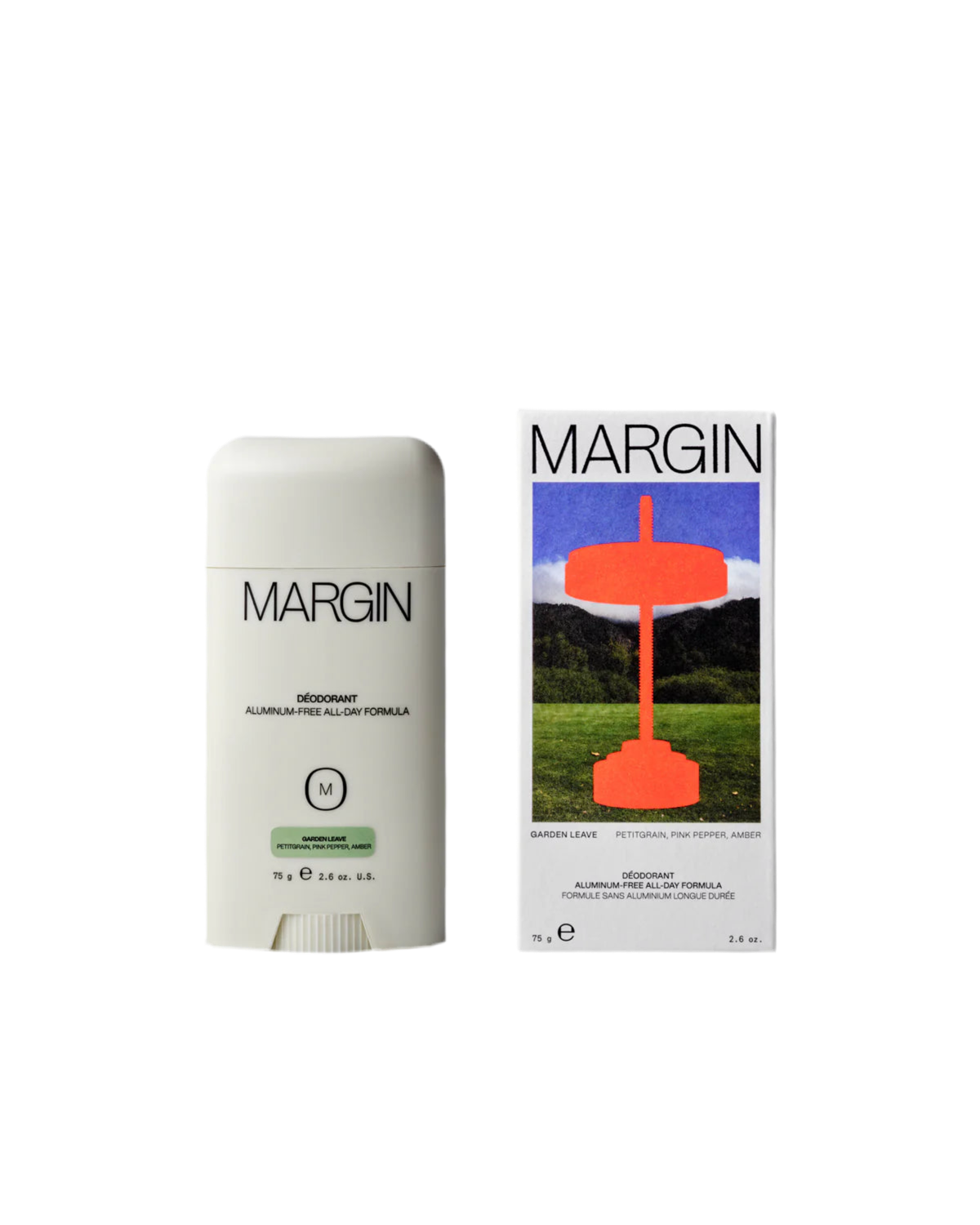 Margin deodorant stick and packaging on a white background
