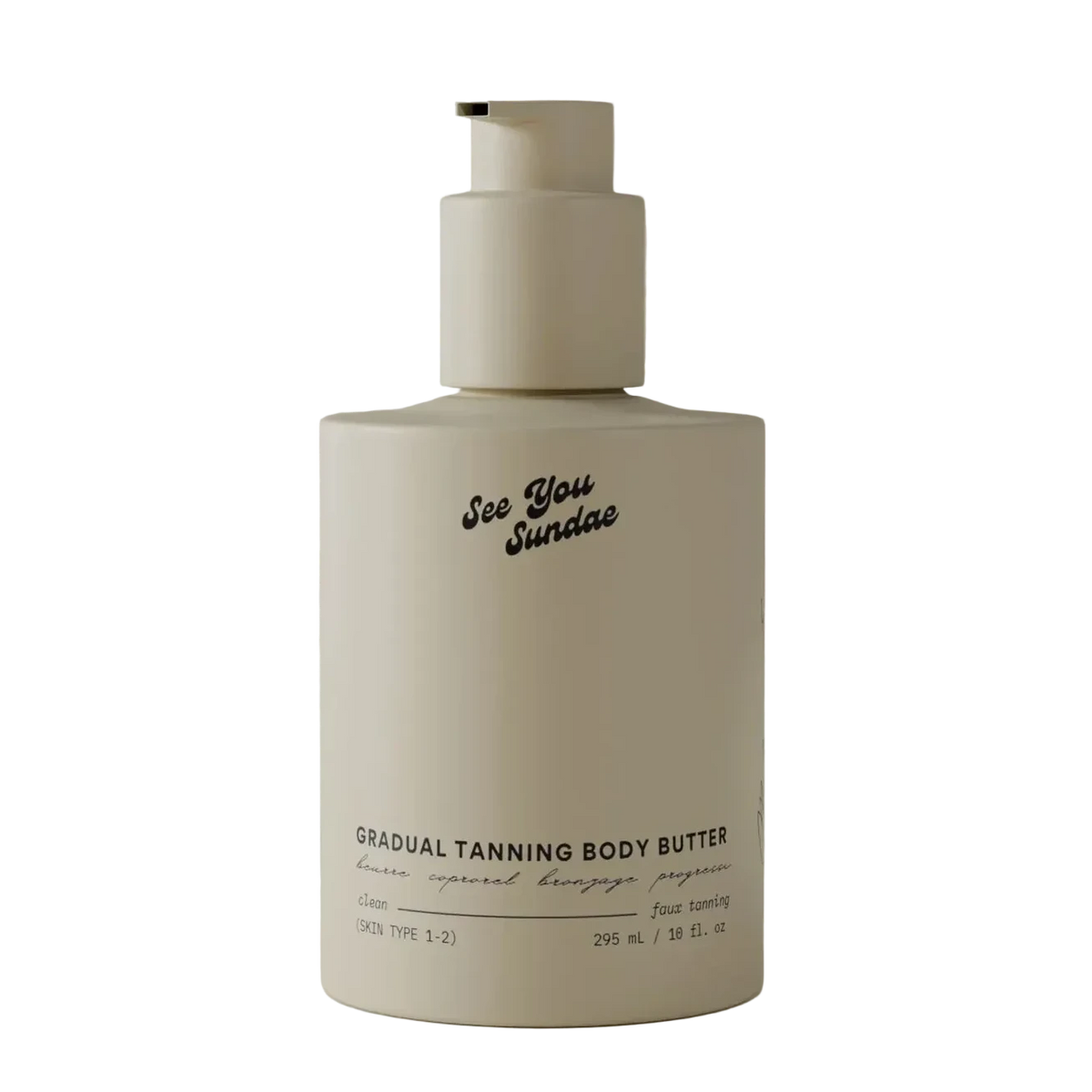 A matte off-white pump bottle of 'See You Sundae' Gradual Tanning Body Butter, photographed against a neutral, warm-toned beige background.