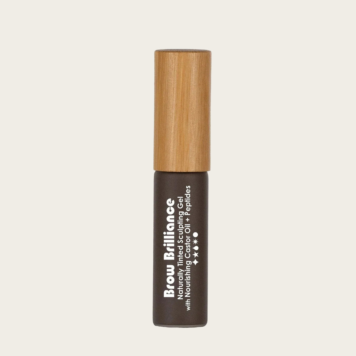 A single tube of Brow Brilliance brow gel with a light brown bamboo cap and a dark brown body, shown on a plain white background.