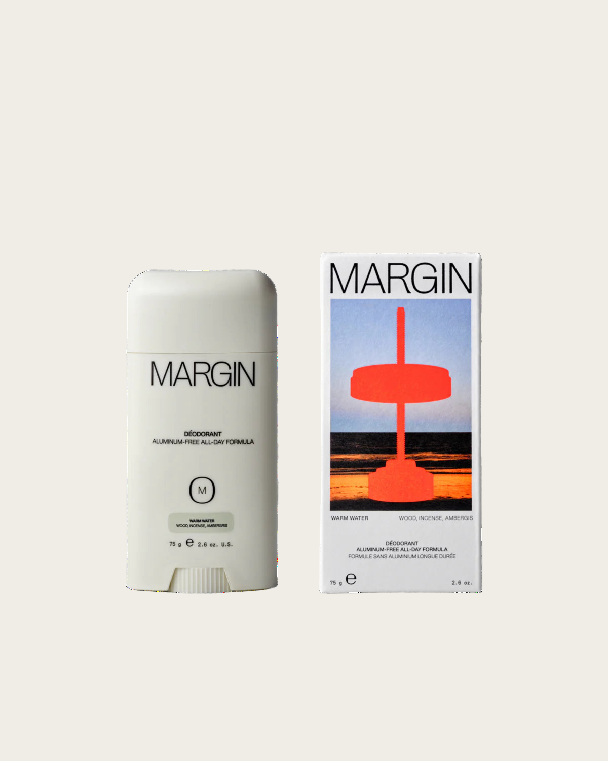 Margin deodorant stick and packaging on a white background