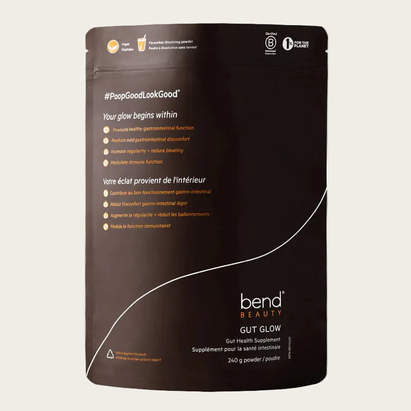 Bend Beauty Gut Glow supplement package on a white background