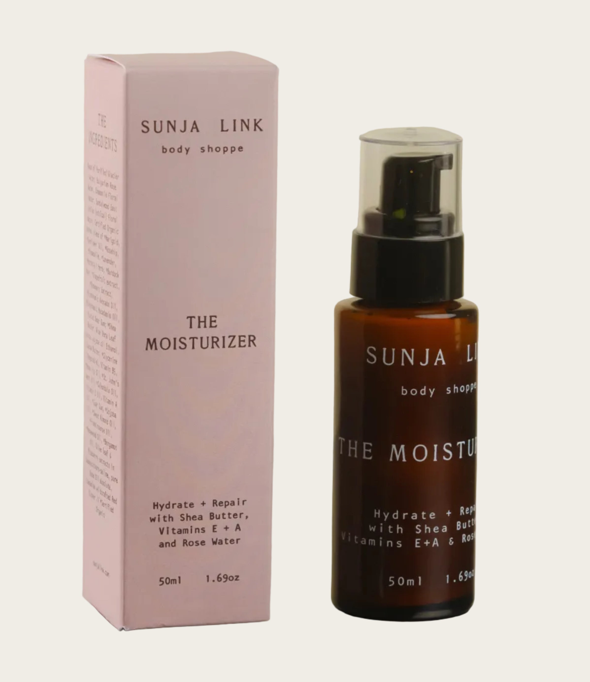 Sunja Link moisturizer bottle and box on a reflective surface with a neutral background
