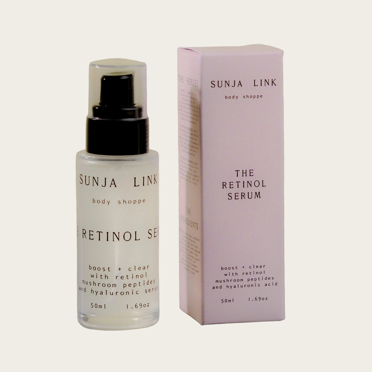 Sunja Link Retinol Serum bottle and packaging on a reflective surface with a neutral background