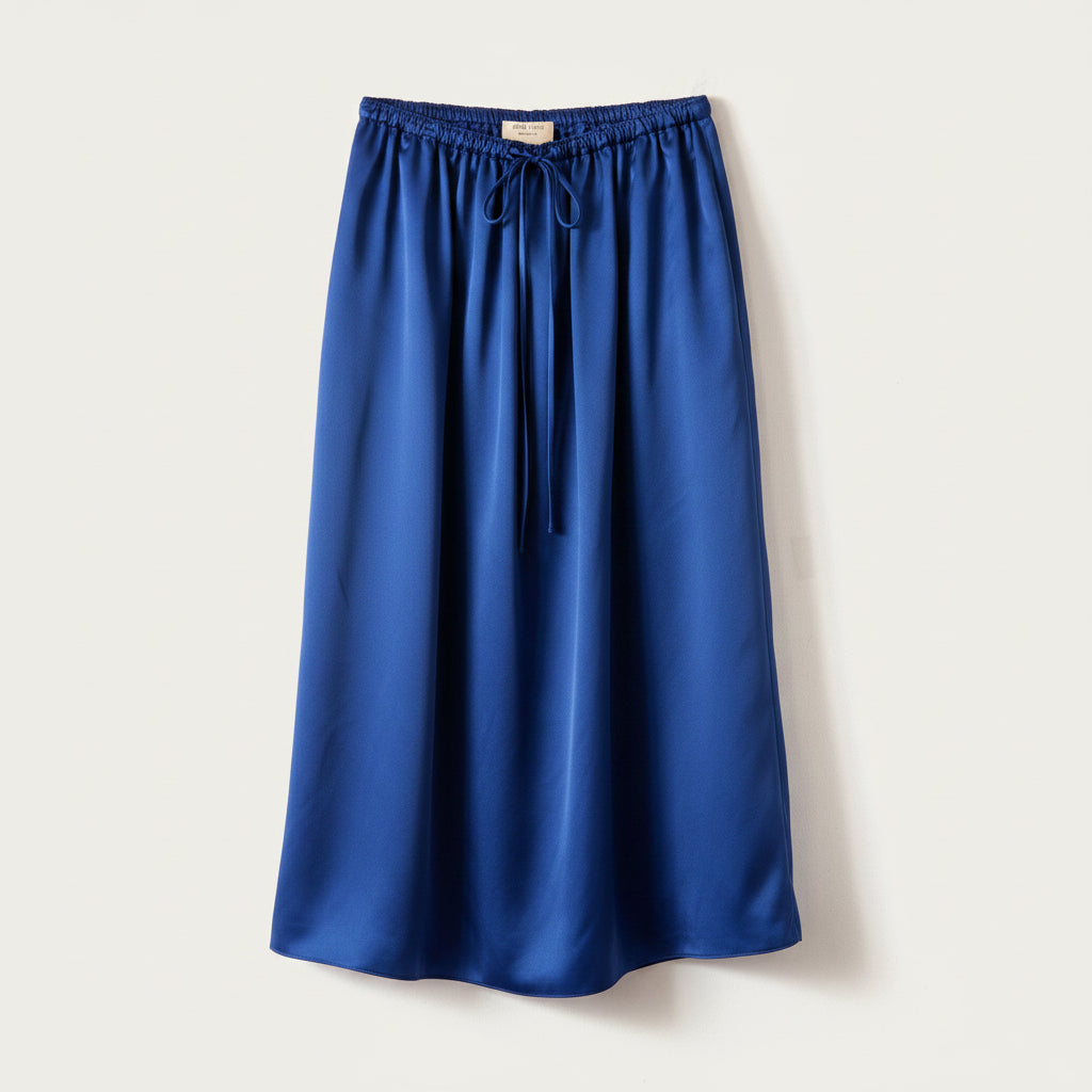 A black satin midi skirt with an elastic drawstring waist, displayed flat against a light beige background.
