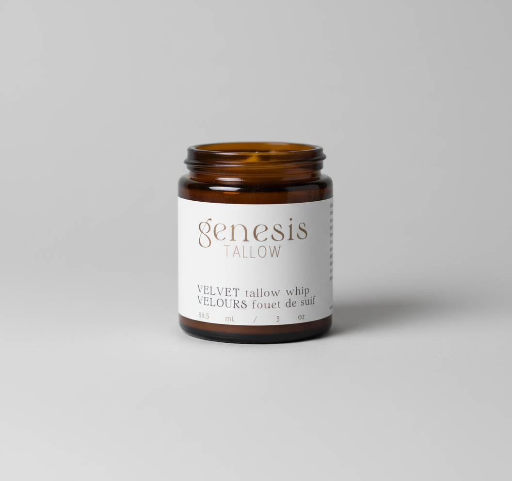 Jar of 'genesis Tallow' velvet tallow whip on a neutral background
