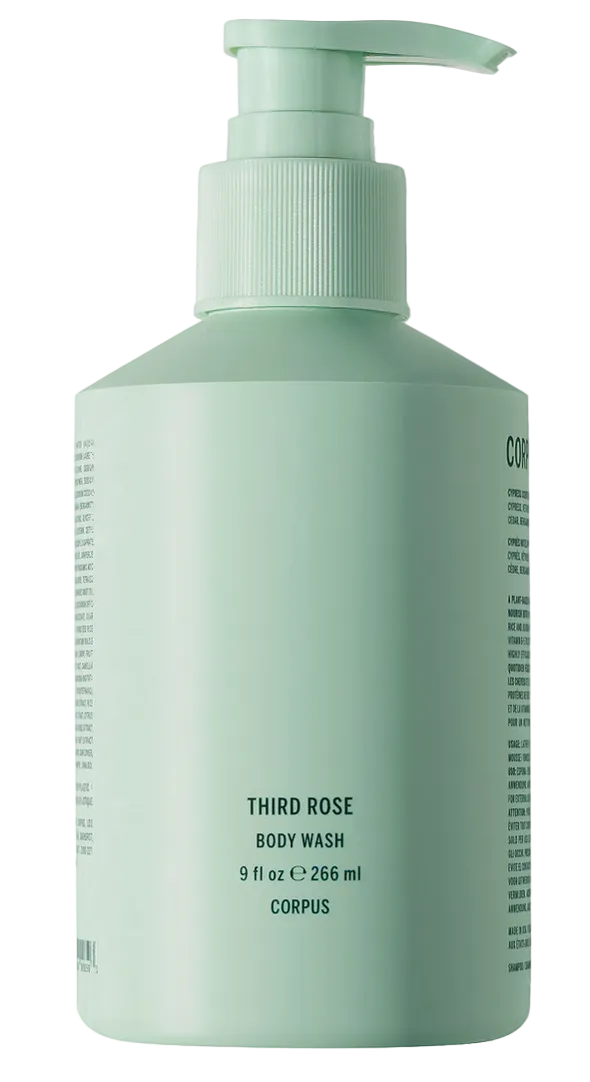 Green body wash bottle labeled 'Third Rose' by Corpus on a white background