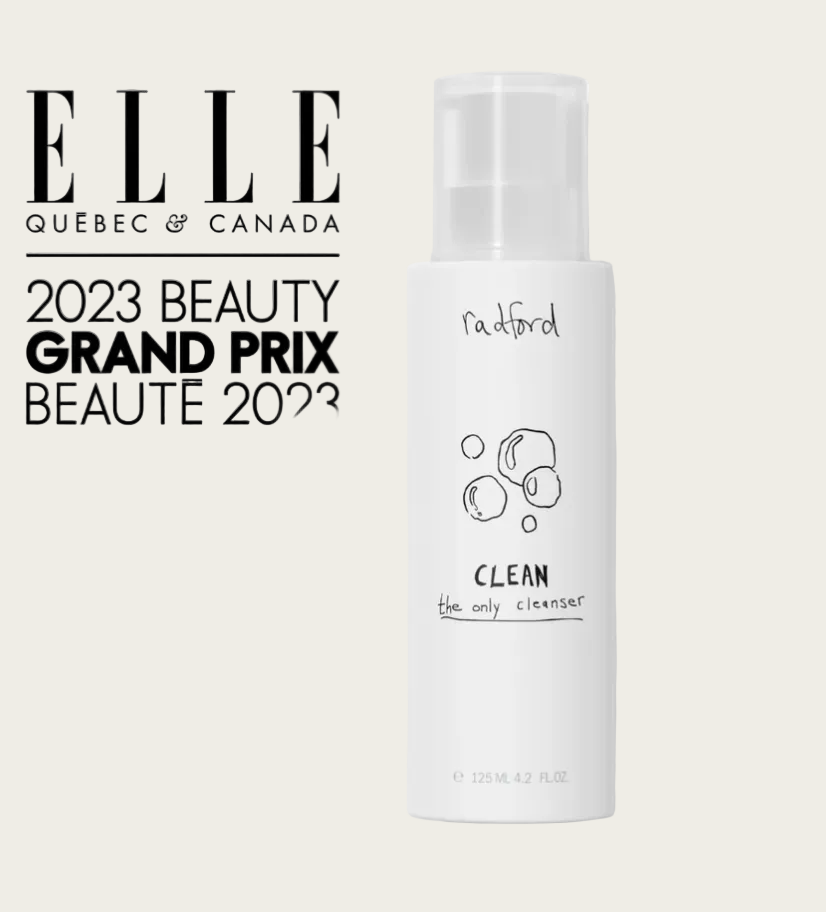 White bottle labeled 'Clean' with ELLE Quebec & Canada 2023 Beauty Grand Prix Beaute 2023 text on a white background