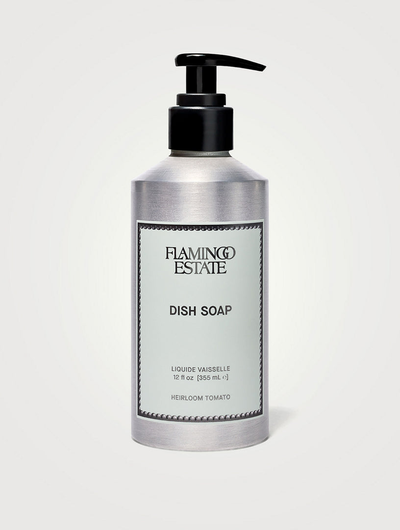 Silver dish soap bottle with black pump on a white background
