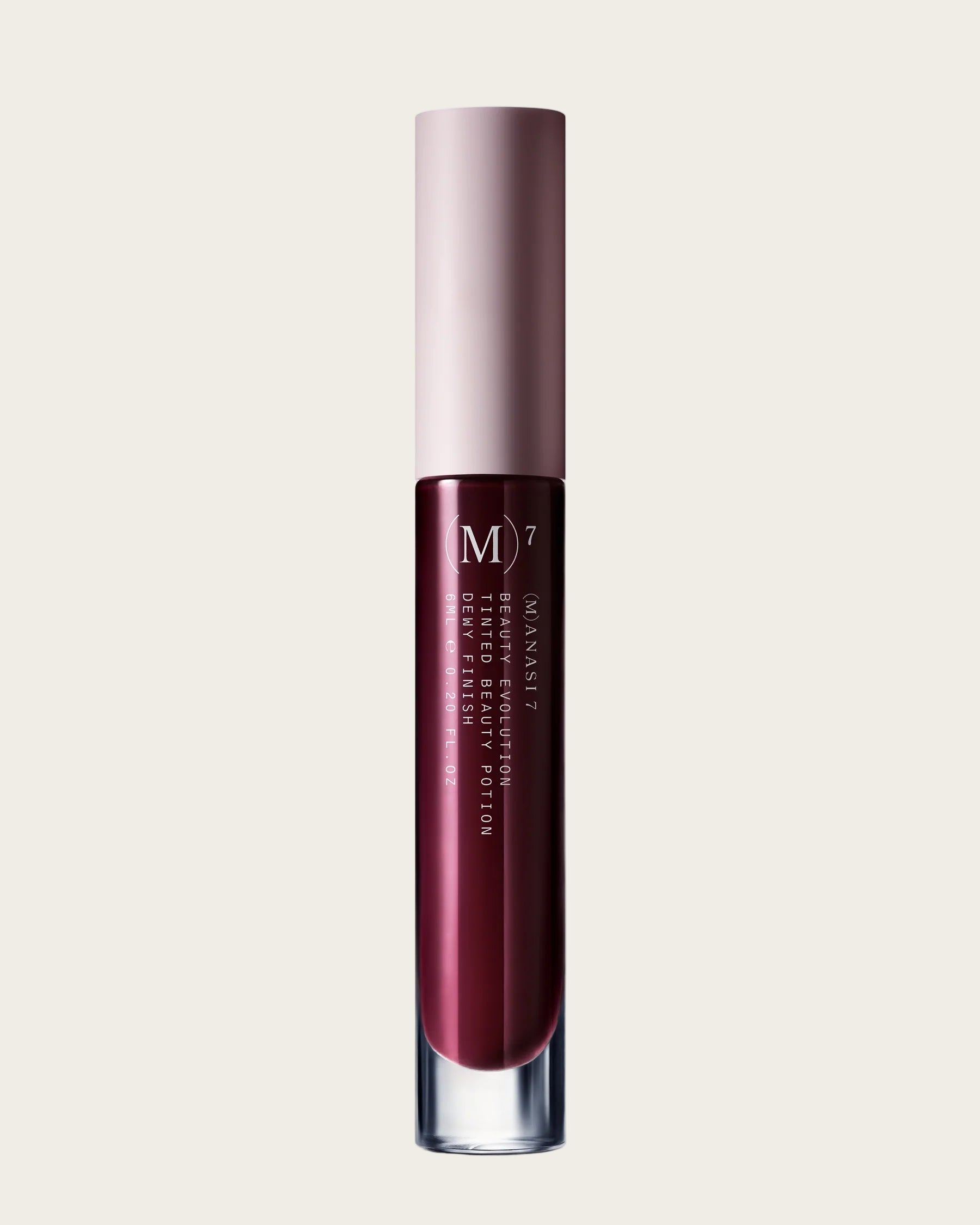 Lip gloss with a dark red color and 'M' logo on a white background