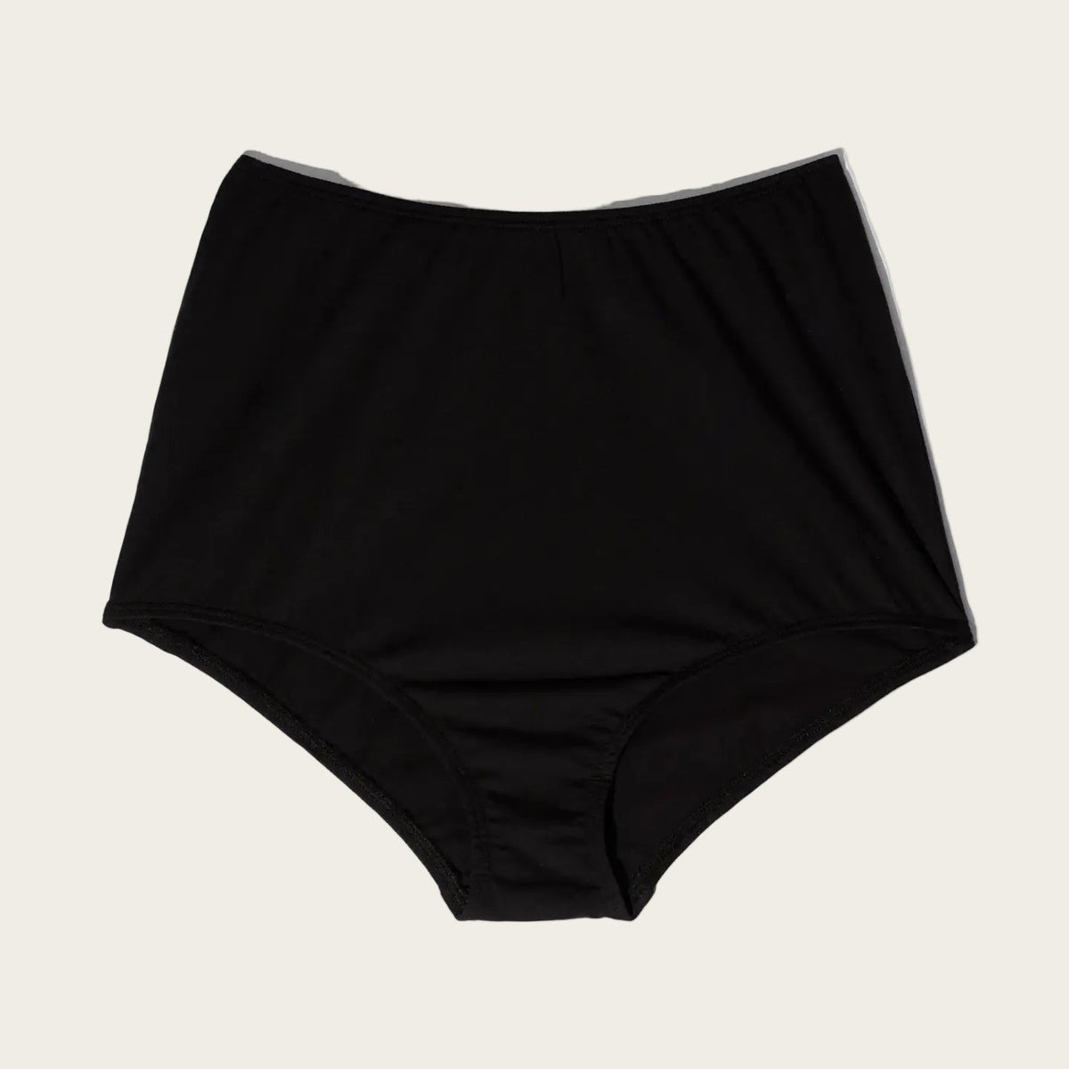 Black high-waisted briefs shown flat against a light gray background.
