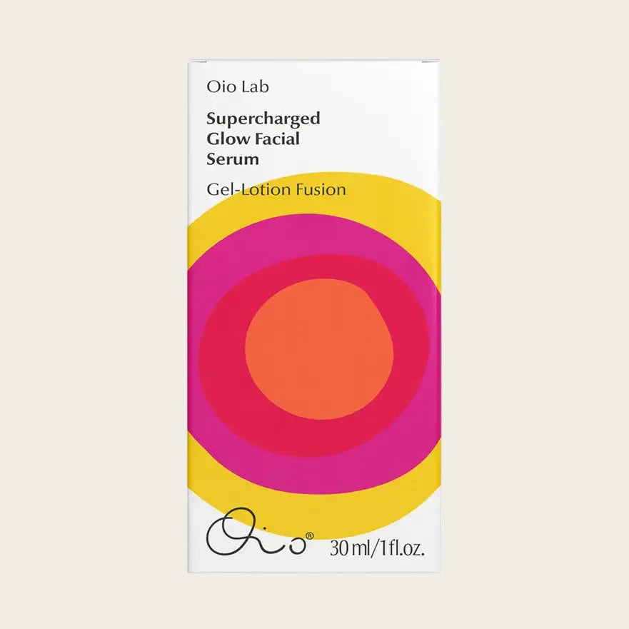 Oio Lab Supercharged Glow Facial Serum packaging with colorful design on a white background