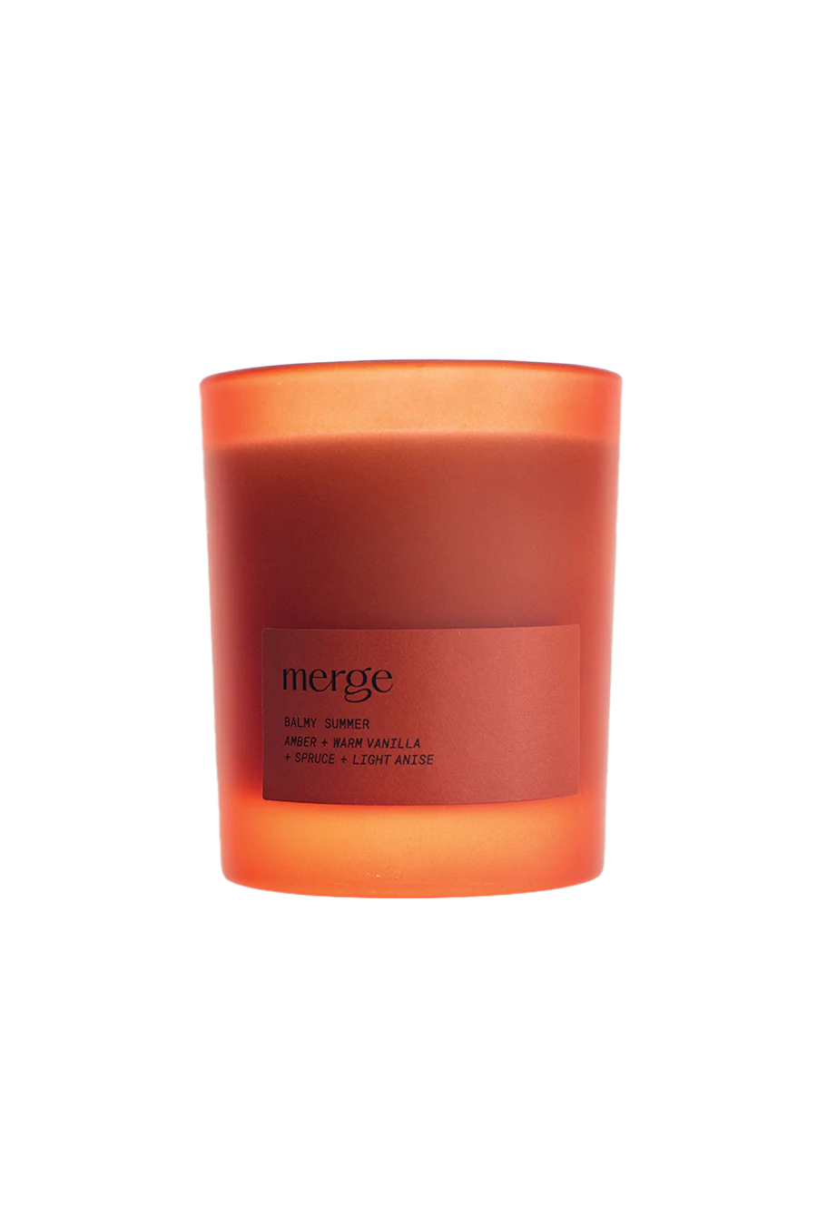 Red candle with 'merge' branding on a white background