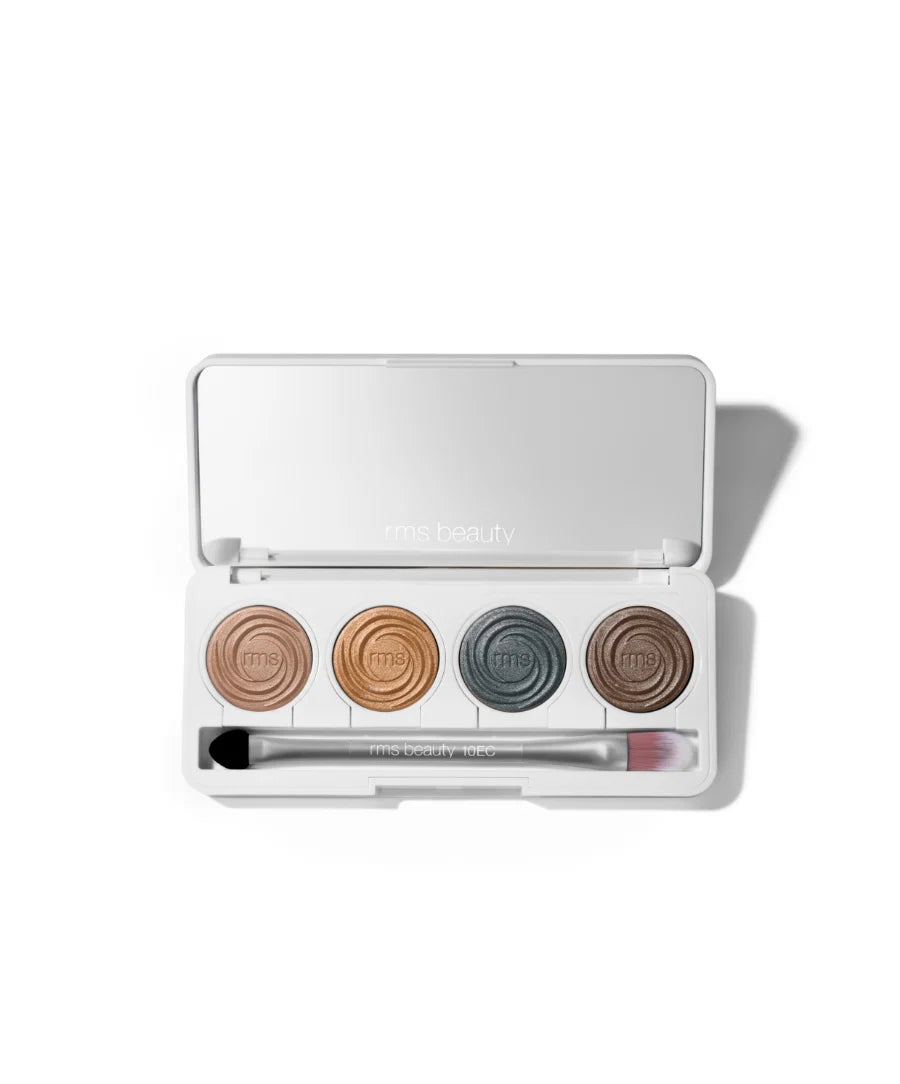 Makeup palette with four circular shades and a brush on a white background