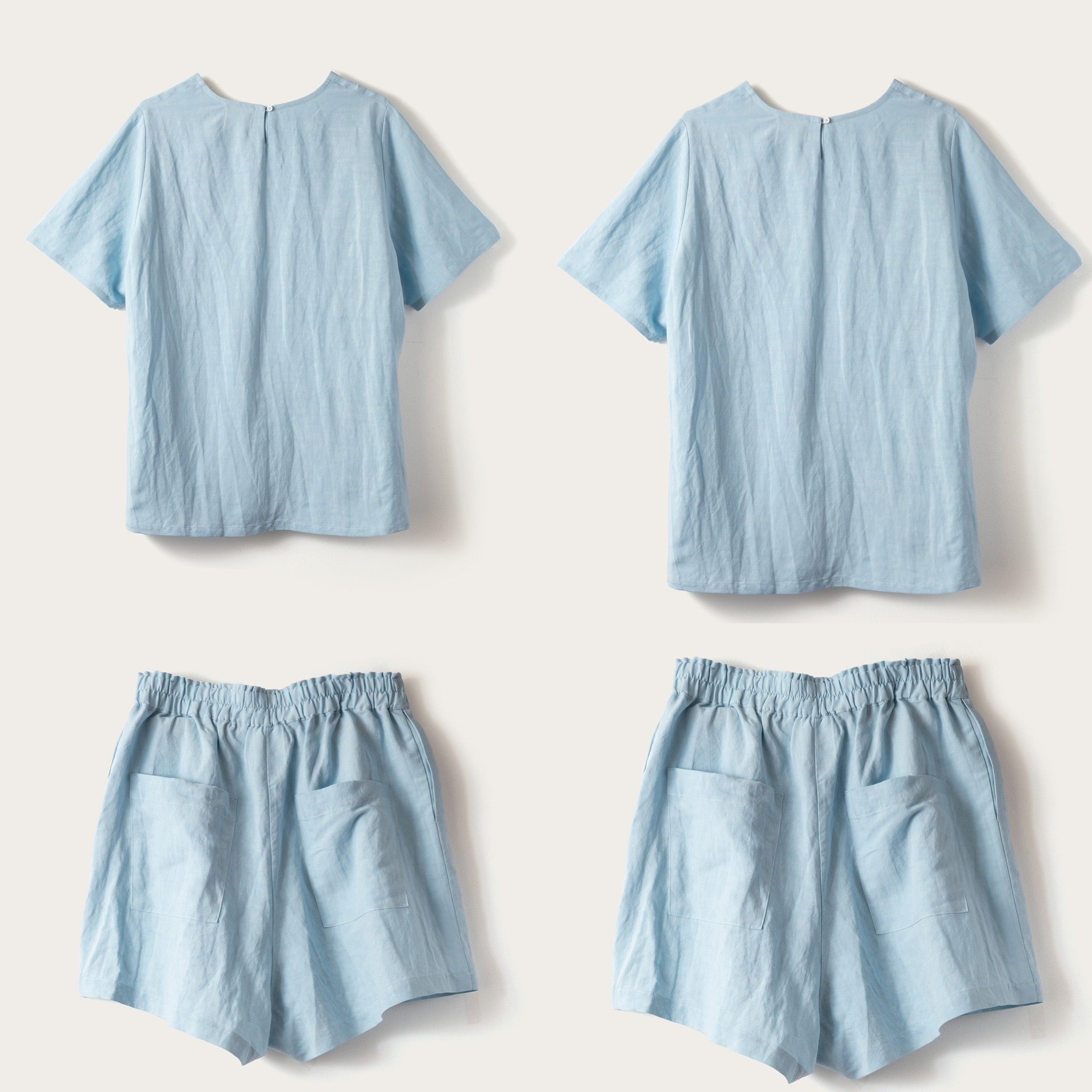 A light blue linen two-piece set shown from both front and back views, including a short-sleeve top and matching elastic-waist shorts with side pockets, arranged in a 2x2 grid on a light beige background.