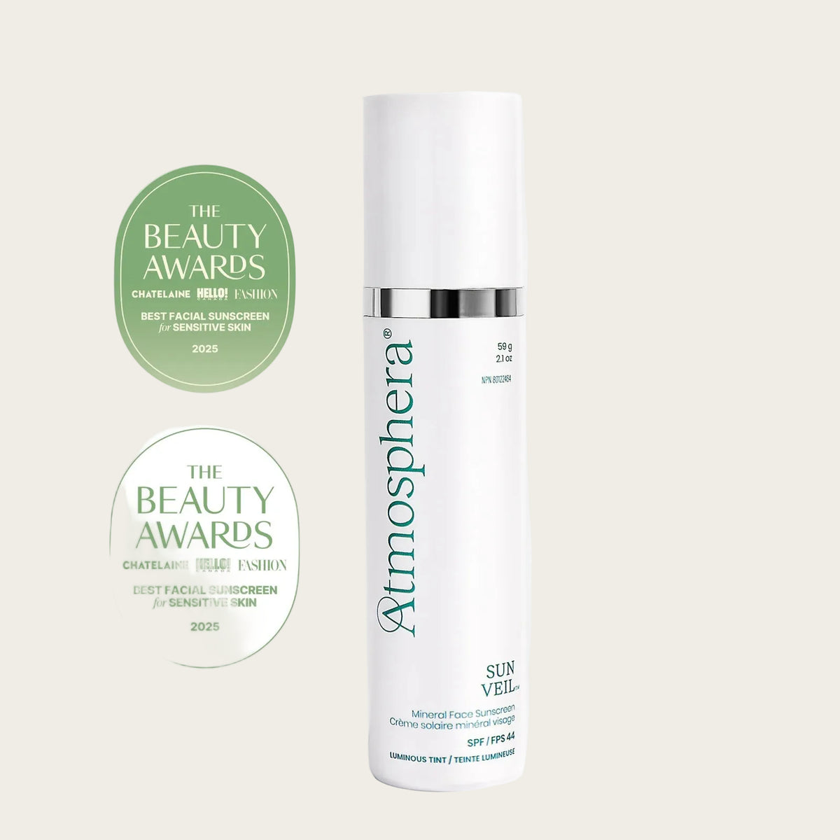 Skincare bottle with 'The Beauty Awards' certification on a white background