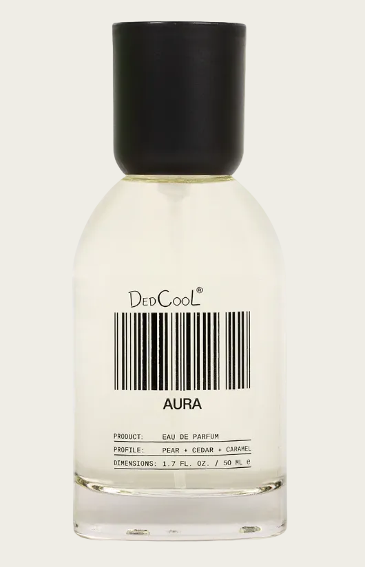 Perfume bottle labeled 'Aura' by DedCool on a gradient background