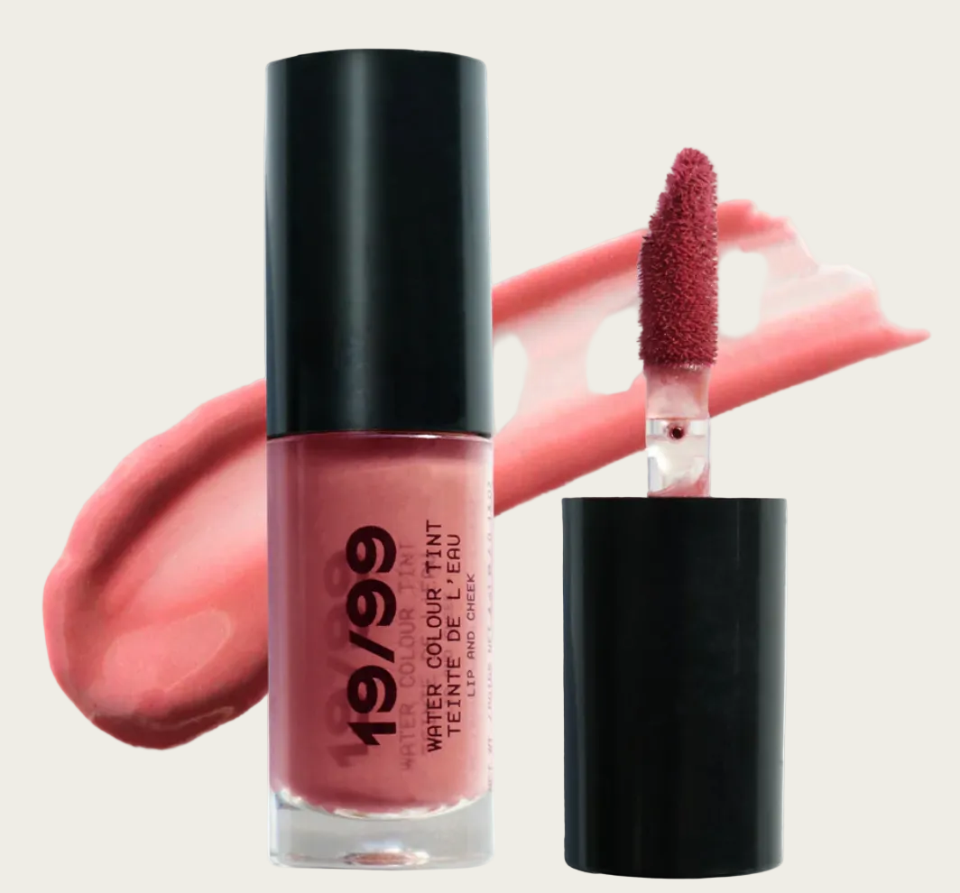 Lip tint with applicator and visible brand name on a white background