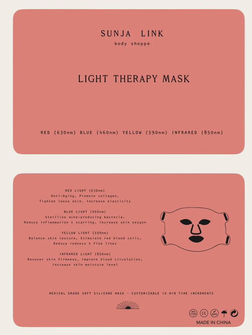 Sunja Link Light Therapy Mask packaging with text and a mask illustration on a pink background