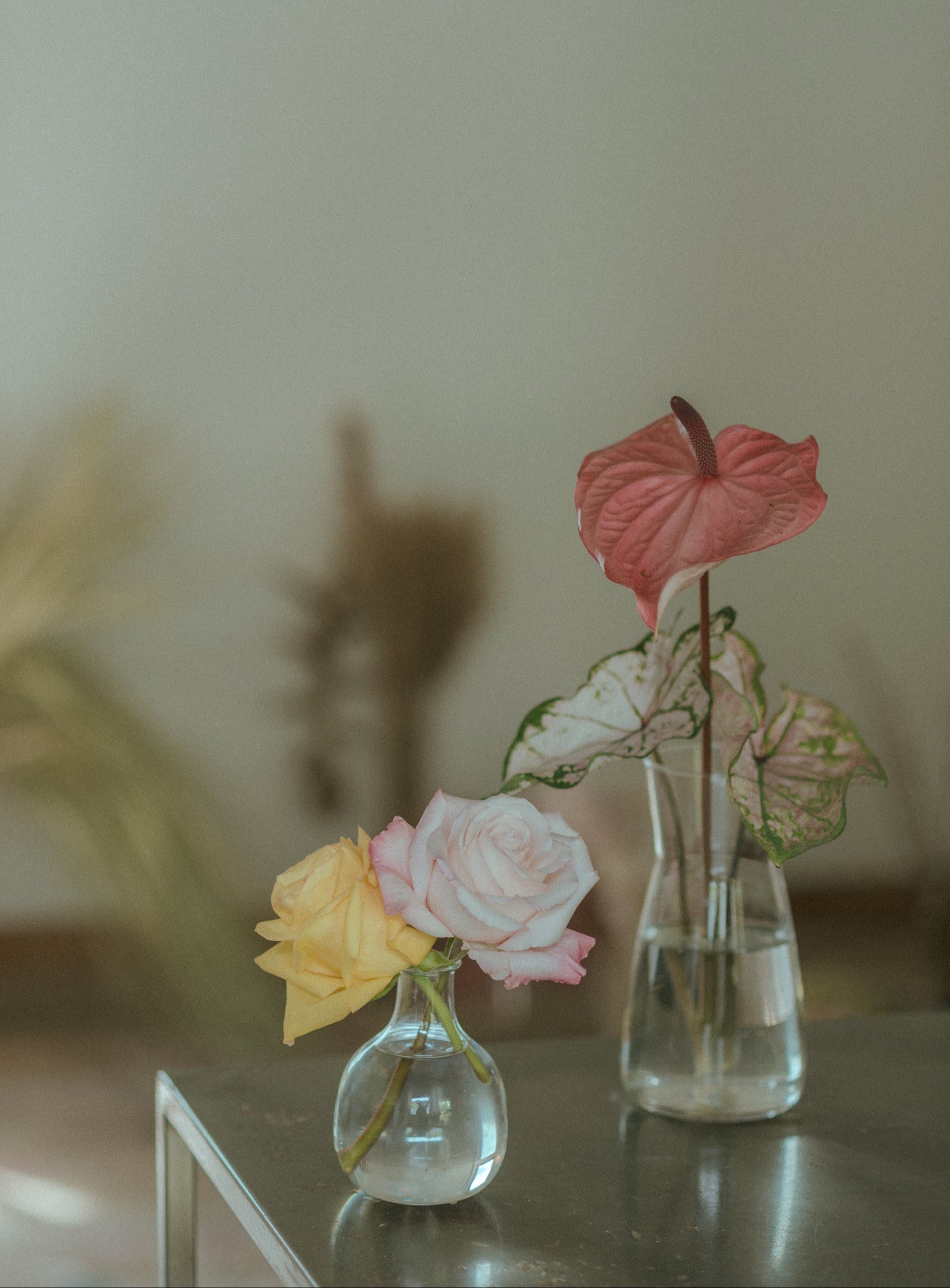 Two small glass vases with flowers on a reflective surface.