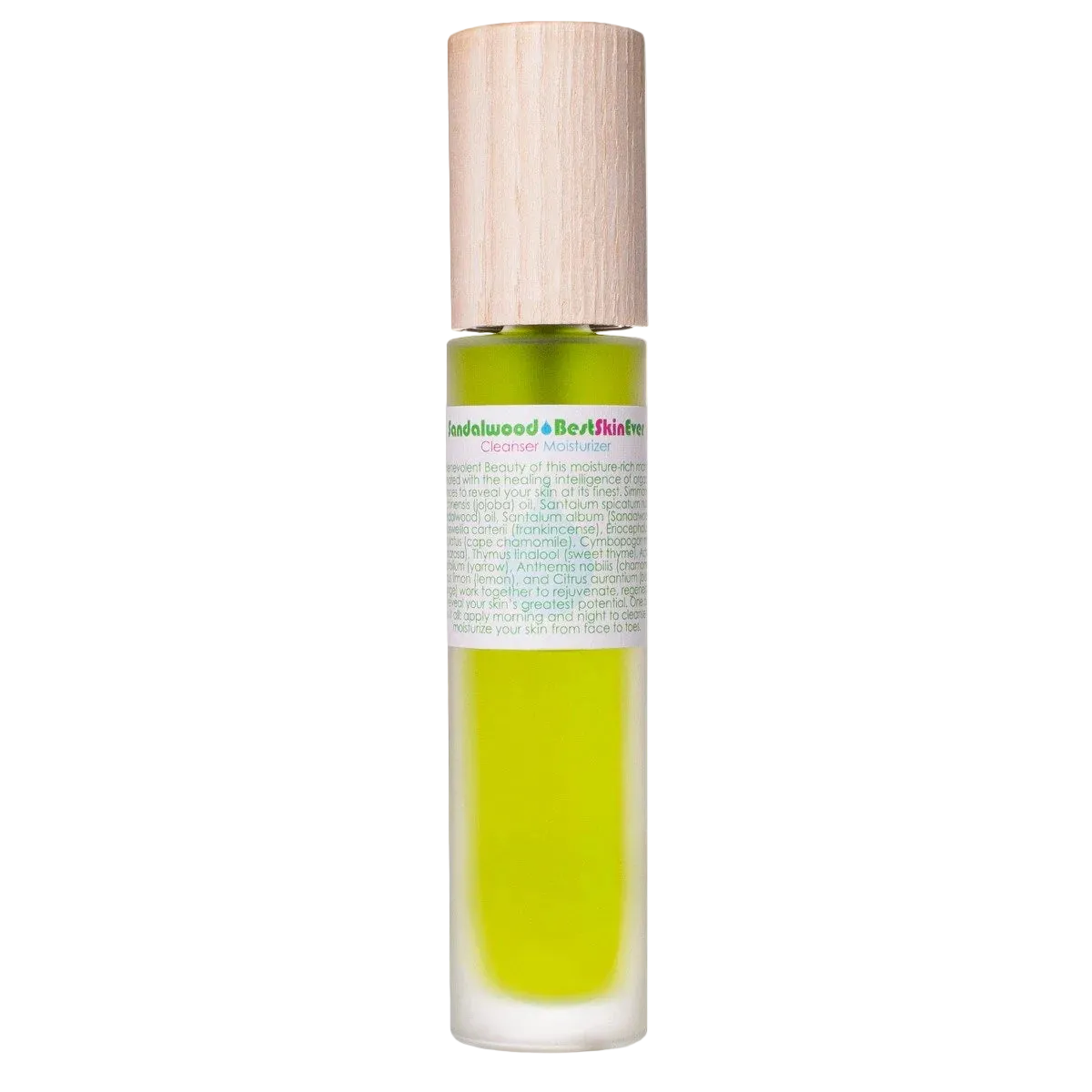 Skincare serum bottle with green liquid and wooden cap on a white background